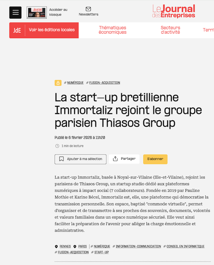 Le Journal des Entreprises | Thiasos Group & Immortaliz