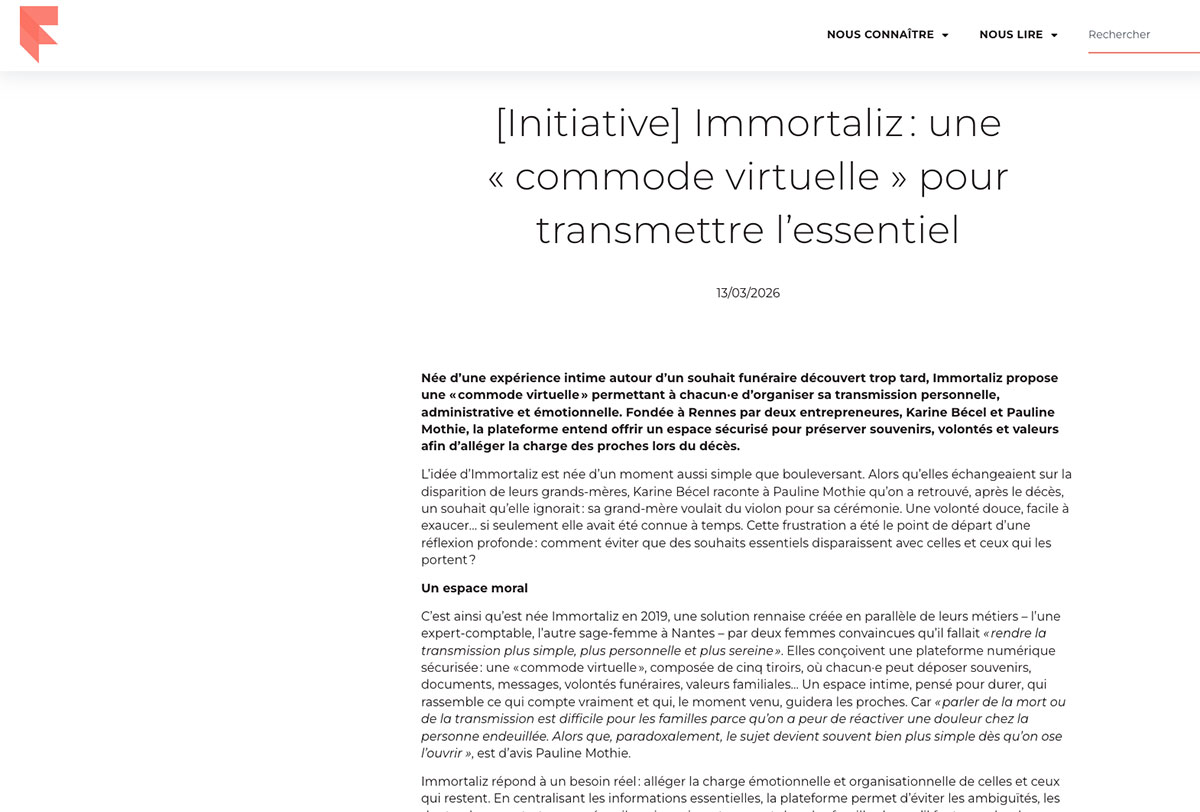 Interface Immortaliz — commode virtuelle en 5 tiroirs pour organiser sa transmission personnelle